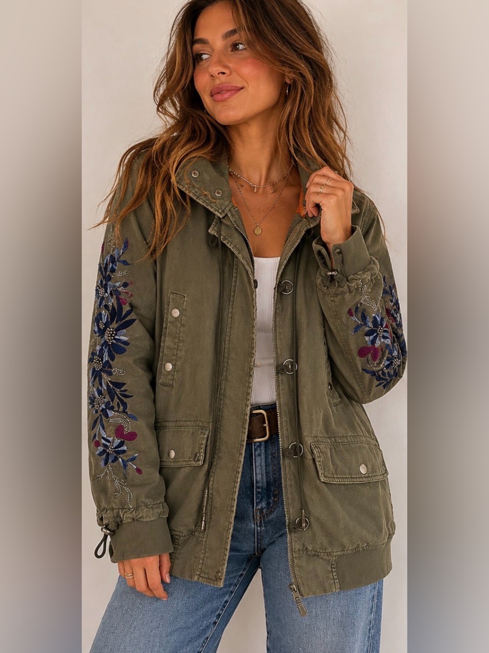 Free People Embroidered Sleeves Hooded Utility Jacket